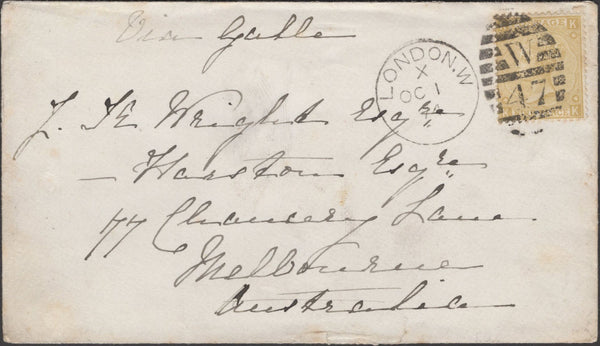 136899 1874 MAIL LONDON TO MELBOURNE, AUSTRALIA WITH 9D STRAW (SG110).