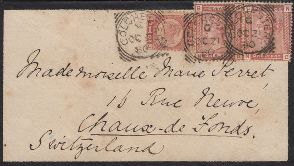 136900 1880 MOURNING ENVELOPE COLCHESTER TO SWITZERLAND WITH ½D PL.13 (SG48) AND 1D VENETIAN RED (SG166) X 2.