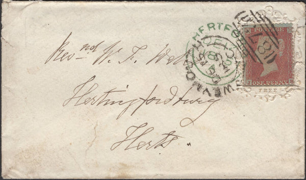 136917 1855 'FREE' EMBOSSED ENVELOPE WEYMOUTH TO HERTINGFORDBURY, HERTS.