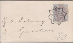 136931 1890 PENNY POSTAGE JUBILEE, MAIL FROM THE GUILDHALL EXHIBITION WITH 1D REVENUE GUILDHALL EXHIBITION HAND STAMP.