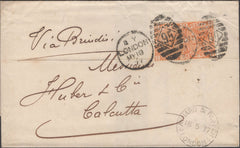 136932 1877 MAIL LONDON TO CALCUTTA WITH 8D ORANGE (SG156) X 2.