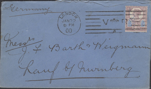 136933 1900 MAIL LONDON TO GERMANY WITH 5D (SG207a) BICKERDIKE CANCELLATION.