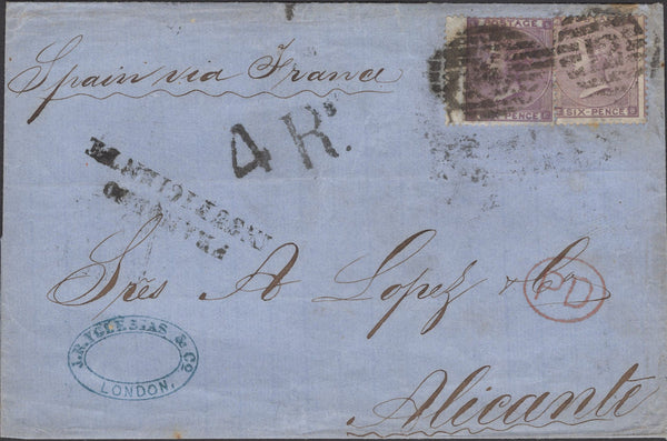 136936 1864 MAIL LONDON TO ALICANTE, SPAIN WITH 6D DEEP LILAC (SG83) AND 6D LILAC (SG84).