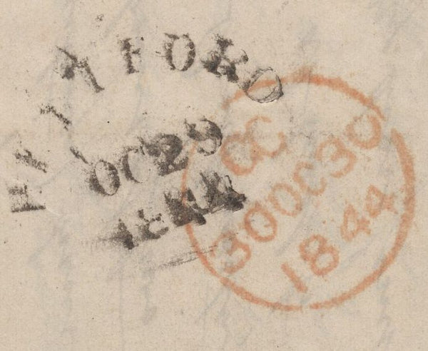 136945 1844 LETTER HERTFORD TO LONDON WITH 1D (SG8) AND ON REVERSE 'HERTFORD' SKELETON HAND STAMP (HE219).