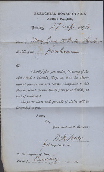 137017 1873 'POORHOUSE' PRINTED WRAPPER USED IN PAISLEY ½D PL.4 (SG48)(RI).