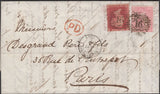 137022 1859 MAIL LONDON TO PARIS WITH 4D ROSE-CARMINE (SG66) AND 1D (SG40).