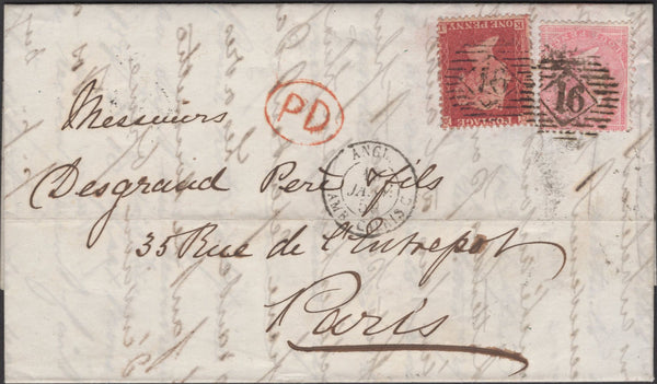 137022 1859 MAIL LONDON TO PARIS WITH 4D ROSE-CARMINE (SG66) AND 1D (SG40).