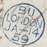 137022 1859 MAIL LONDON TO PARIS WITH 4D ROSE-CARMINE (SG66) AND 1D (SG40).