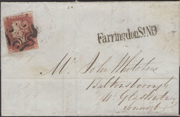137038 1841 LETTER LONDON TO GLASTONBURY WITH 1D RED PLXI (SG7)(NB) WITH 'FarringdonSt. N.O' RECEIVERS HAND STAMP (L514/FARNO12).