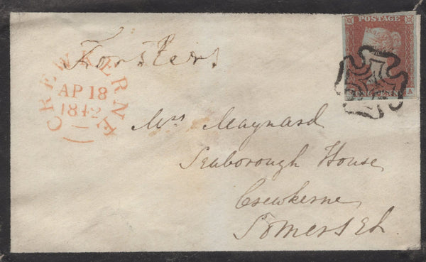 137084 1842 MOURNING ENVELOPE BRISTOL TO CREWKERNE WITH 1D PL.21 (SG8).