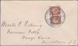 137087 1890 PENNY POSTAGE JUBILEE, MAIL FROM SOUTH KENSINGTON EXHIBITION TO LEWISHAM WITH ½D BANTAM (SG48) X 2 SOUTH KENSINGTON EXHIBITION HAND STAMP.