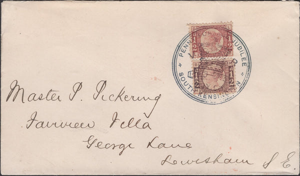 137087 1890 PENNY POSTAGE JUBILEE, MAIL FROM SOUTH KENSINGTON EXHIBITION TO LEWISHAM WITH ½D BANTAM (SG48) X 2 SOUTH KENSINGTON EXHIBITION HAND STAMP.