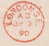 137087 1890 PENNY POSTAGE JUBILEE, MAIL FROM SOUTH KENSINGTON EXHIBITION TO LEWISHAM WITH ½D BANTAM (SG48) X 2 SOUTH KENSINGTON EXHIBITION HAND STAMP.