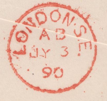 137087 1890 PENNY POSTAGE JUBILEE, MAIL FROM SOUTH KENSINGTON EXHIBITION TO LEWISHAM WITH ½D BANTAM (SG48) X 2 SOUTH KENSINGTON EXHIBITION HAND STAMP.