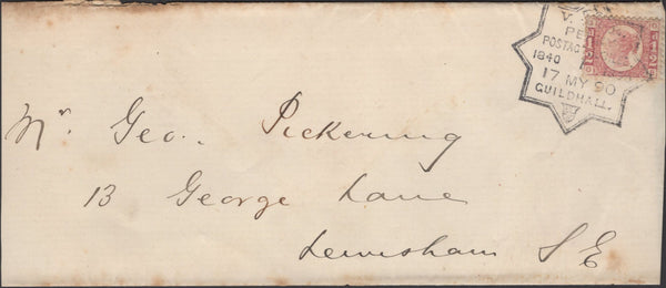 137090 1890 PENNY POSTAGE JUBILEE, NEWSPAPER WRAPPER FROM THE GUILDHALL EXHIBITION TO LEWISHAM WITH ½D BANTAM (SG48), GUILDHALL EXHIBITION HAND STAMP.