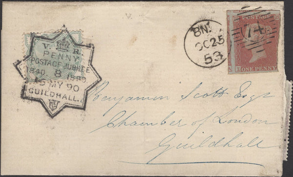 137095 1890 PENNY POSTAGE JUBILEE, 1853 USED WRAPPER WITH 1D (SG8), RE-USED AT THE GUILDHALL EXHIBITION WITH ½D PALE GREEN (SG165) WITH EXHIBITION HAND STAMP.