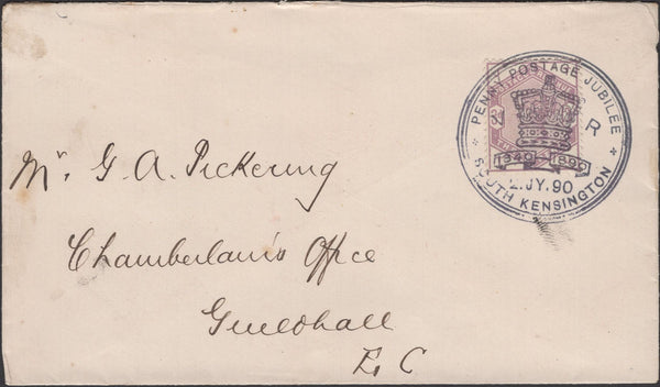 137096 1890 PENNY POSTAGE JUBILEE, MAIL FROM THE SOUTH KENSINGTON EXHIBITION TO GEORGE PICKERING AT THE GUILDHALL WITH 3D LILAC (SG191) SOUTH KENSINGTON EXHIBITION HAND STAMP.