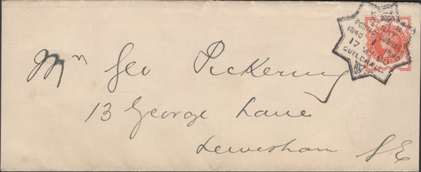 137097 1890 PENNY POSTAGE JUBILEE, NEWSPAPER WRAPPER FROM THE GUILDHALL TO LEWISHAM WITH ½D VERMILION (SG197), GUILDHALL EXHIBITION HAND STAMP.