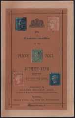 137099 1890 PENNY POSTAGE JUBILEE FINE COMMEMORATIVE CARD BY RICHARD MELVILLE ABUD WITH VARIOUS QV STAMPS UPON.