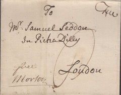 137121 1758 FRANKING ABUSE FROM STAMFORD, LINCS TO LONDON WITH UNRECORDED 'STAM/FORD' HAND STAMP.