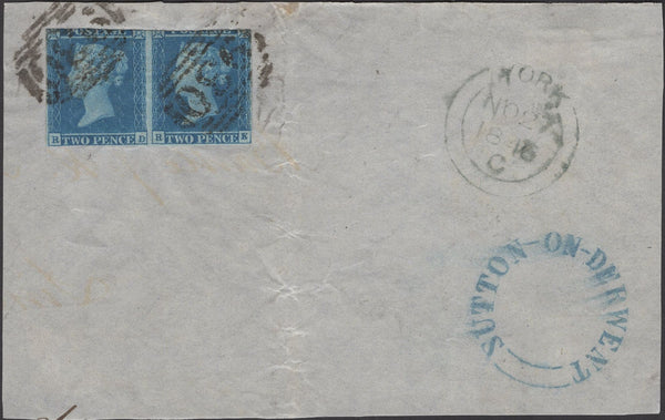 137142 1846 PIECE WITH 2D BLUE PL.3 (SG14) X 2 ALSO 'SUTTON-ON-DERWENT' UDC IN BLUE (YK2869), NORTH YORKS.