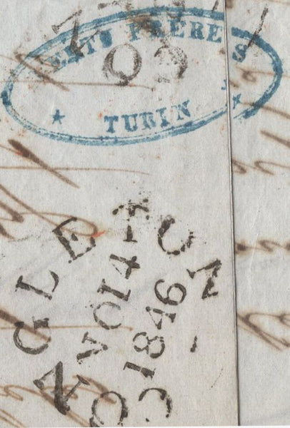 137147 1846 LARGE PART WRAPPER TURIN TO CONGLETON WITH 1D (SG8) AFFIXED TO PAY POSTAGE WITHIN THE UK.