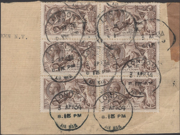 137153 1934 PIECE, 130 X 95, WITH 2/6 SEAHORSE (SG414) X 6, LONDON CANCELLATIONS AND 'U.H.' PERFINS.