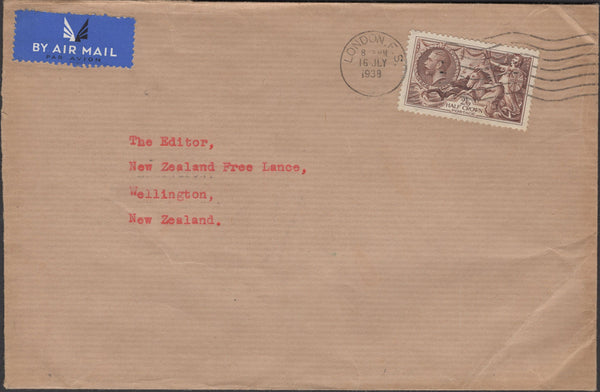 137170 1938 AIR MAIL LONDON TO WELLINGTON, NEW ZEALAND WITH 2/6 RE-ENGRAVED SEAHORSE (SG450).