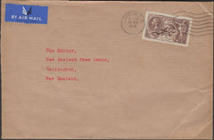 137170 1938 AIR MAIL LONDON TO WELLINGTON, NEW ZEALAND WITH 2/6 RE-ENGRAVED SEAHORSE (SG450).