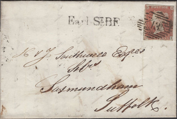137172 1847 MAIL LONDON TO SAXMUNDHAM WITH 1D PL.66 (SG8) AND 'Earl St. B.F.' RECEIVERS HAND STAMP (L514/EARL3).