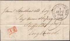 137174 1834 MAIL BOULOGNE TO SAXMUNDHAM WITH VARIOUS HAND STAMPS.