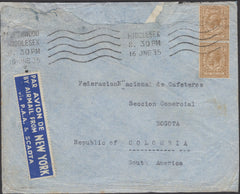 137175 1935 MAIL MIDDLESEX TO BOGOTA, COLUMBIA WITH 1S (SG429) X 2 WITH 'SCADTA' LABEL.