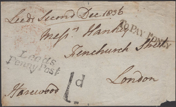 137176 1836 FREE FRONT LEEDS TO LONDON SIGNED 'Harewood' WITH 'Leeds/Penny Post' HAND STAMP (YK1800).