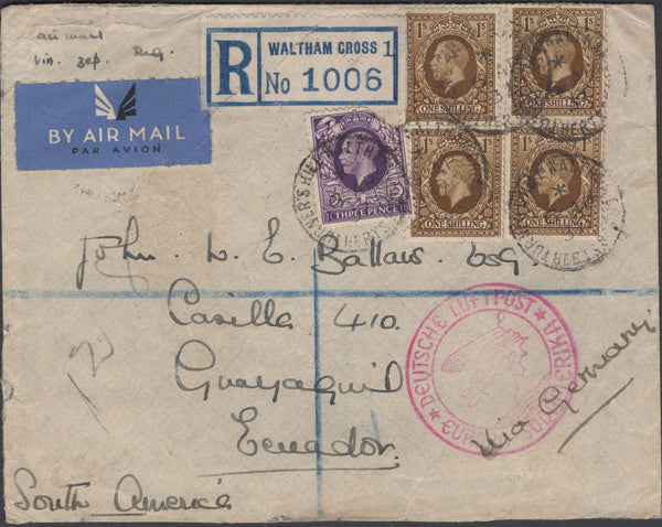 137177 1937 REGISTERED AIR MAIL WALTHAM CROSS, HERTS TO ECUADOR WITH KGV PHOTOGRAVURE ISSUES.