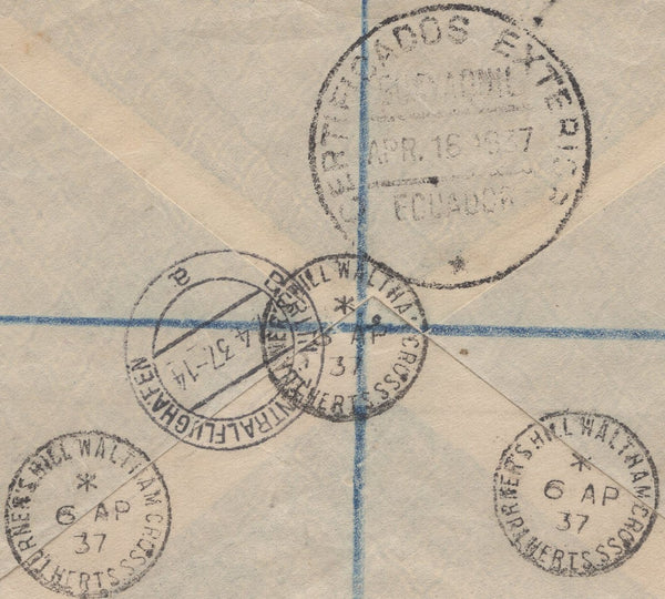 137177 1937 REGISTERED AIR MAIL WALTHAM CROSS, HERTS TO ECUADOR WITH KGV PHOTOGRAVURE ISSUES.