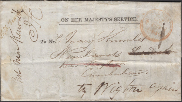 137182 1849 PRINTED 'PROPERTY TAX' LETTER 'ON HER MAJESTY'S SERVICE' FROM LONDON TO WIGTON, RE-DIRECTED TO KESWICK.