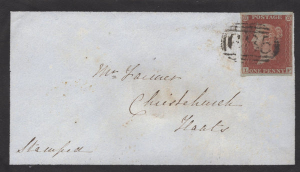 137194 1853 MOURNING ENVELOPE WILTON TO CHRISTCHURCH WITH 1D (SG8) AND 'WILTON' UDC.