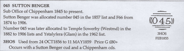 137198 1858 MAIL SUTTON BENGER, WILTS TO CHIPPENHAM WITH 1D (SG40) CANCELLED RARE '045' NUMERAL OF SUTTON BENGER, ALSO 'SUTTON-BENGER' UDC.