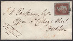 137201 1850 MOURNING ENVELOPE HINTON PARVA, WILTS TO DUBLIN WITH 1D (SG8) AND 'HINTON-PARVA' UDC.