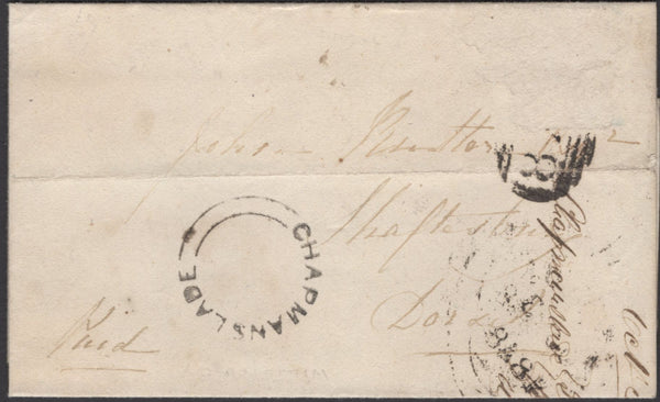 137226 1848 MAIL CHAPMANSLADE, WILTS TO SHAFTSBURY, 1D STAMP REMOVED, 'CHAPMANSLADE' UDC.
