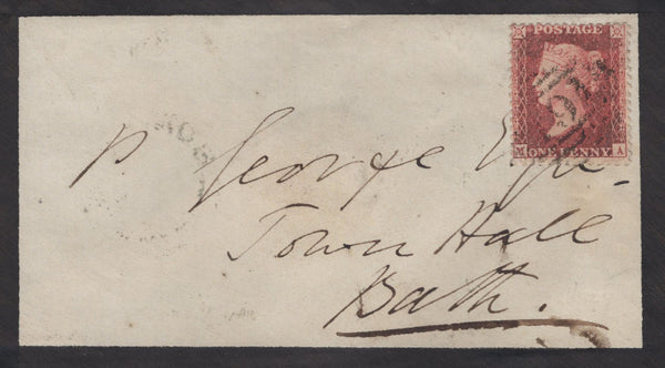 137235 1858 MOURNING ENVELOPE BOX, WILTS TO BATH WITH 1D (SG40) AND 'BOX' UDC.