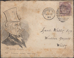 137255 1885 HAND ILLUSTRATED ENVELOPE LONDON TO WOOTTON BASSETT WITH IMAGE OF A DISAPPROVING GENTLEMAN.