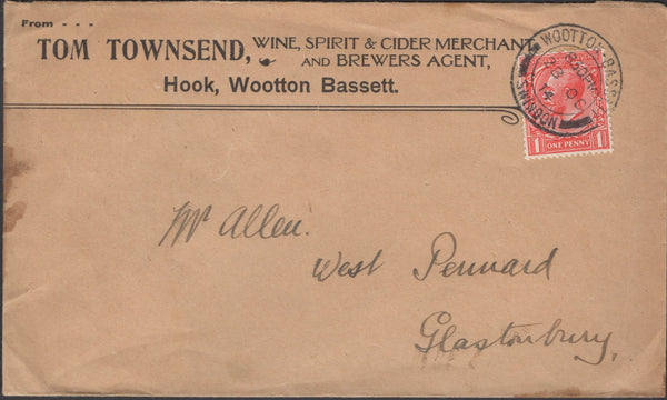137256 1914 ADVERTISING ENVELOPE WOOTTON BASSETT TO GLASTONBURY.