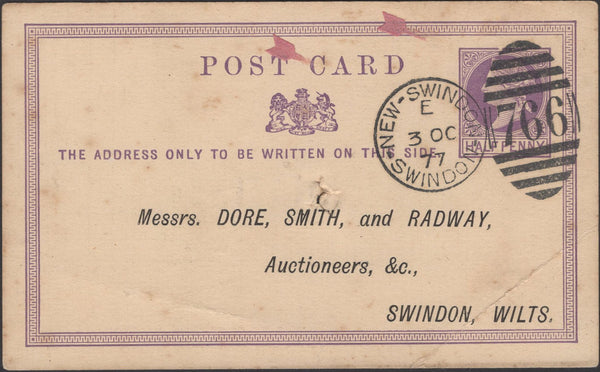 137261 1877 ½D MAUVE ADVERTISING POST CARD USED IN SWINDON WITH 'NEW-SWINDON/SWINDON 766' DUPLEX.
