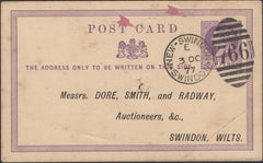 137261 1877 ½D MAUVE ADVERTISING POST CARD USED IN SWINDON WITH 'NEW-SWINDON/SWINDON 766' DUPLEX.