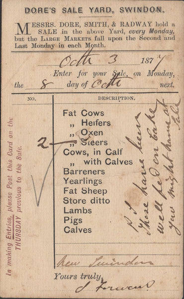 137261 1877 ½D MAUVE ADVERTISING POST CARD USED IN SWINDON WITH 'NEW-SWINDON/SWINDON 766' DUPLEX.