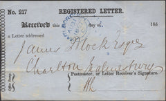 137268 1857 REGISTERED LETTER RECEIPT WITH 'MARLBOROUGH' DATE STAMP.