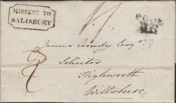 137271 1819 MAIL POOLE, DORSET TO HIGHWORTH, WILTSHIRE, MISSORTED WITH BOXED 'MISSENT TO/SALISBURY' HAND STAMP (WL681).