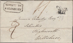 137271 1819 MAIL POOLE, DORSET TO HIGHWORTH, WILTSHIRE, MISSORTED WITH BOXED 'MISSENT TO/SALISBURY' HAND STAMP (WL681).