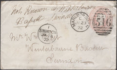 137273 1872 UNDELIVERED 1D PINK ENVELOPE MARLBOROUGH TO 'WINTERBOURNE BASSETT, SWINDON'.